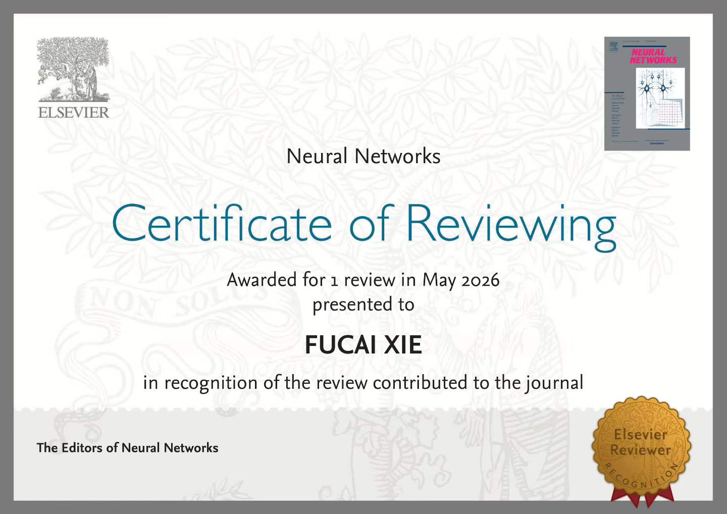 Neural Networks 审稿证书
